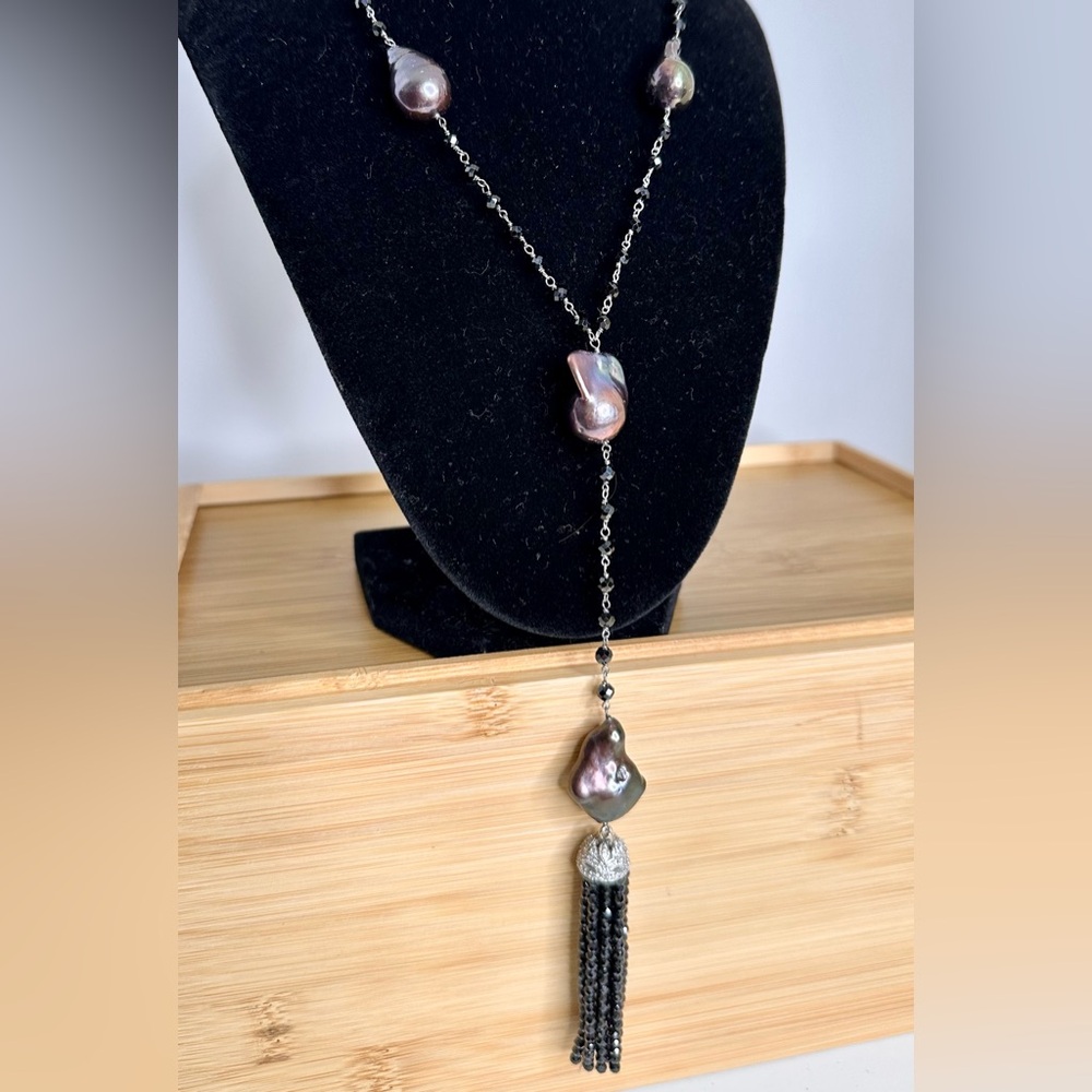 NEW RARITIES Sterling Silver Baroque Pearl Black Spinel Zircon Tassel Necklace